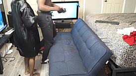 Ebony wife catches cheating husband, fights him, knocks him out, then sucks his black cock to orgasm