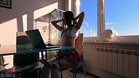 Intriguing teen brunette uses vibrator on shaved pussy after lessons, fingering close-up leading to intense orgasm