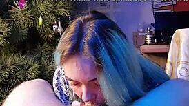 Cute asian girl slurping cum under christmas tree 😋