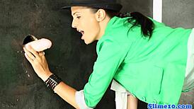 Adorable European Babe Rubs Pussy in Bukkake Session with Facial Cumshots