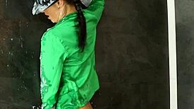 Adorable European Babe Rubs Pussy in Bukkake Session with Facial Cumshots