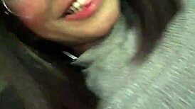 Latina colombian babe flaunts perfect tits in public car