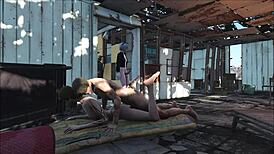 In fallout 4's sanctuary, a brunette teen engages in hardcore fucking with hentai-style animation.