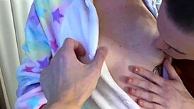 two buddies explore tight 18-year-old pussy in pajamas