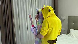 two buddies explore tight 18-year-old pussy in pajamas