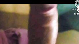 in the room, she starts with oral on his cock, then moves to masturbating her shaved pussy while he enjoys her natural tits