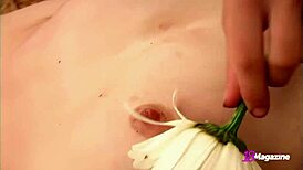 Teasing skinny teen ana fey rubs bouquet on natural tits and pussy