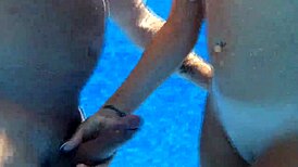 Beautiful european couple rides and bends over in outdoor water scene