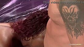 Ebony stripper undresses and sucks white cock in doggy style