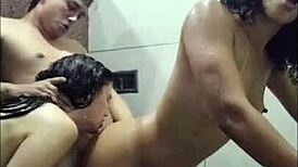 hey, i'm banging two hot wet babes in the motel shower, she's the hotwife gabbie luna and rennan luna full on red