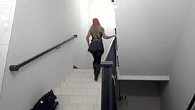 Transsexual shemale engages in public city masturbation outdoors