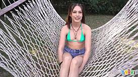 Laya Rae, the bubble butt teen 18+, moans while riding and getting deepthroated roughly by the bathtub.