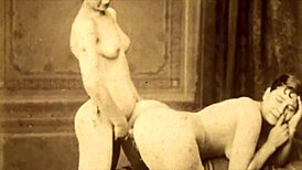 Vintage porn captures life mimicking art in a retro erotic scene.