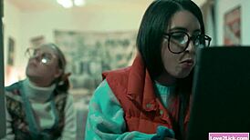 In a fantasy world, a busty babe gets ganged by two horny teen 18+ lesbos with oral and face sitting.