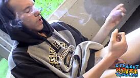 Naked homosexual thug smokes outdoors while masturbating his big hairy cock to cumshot