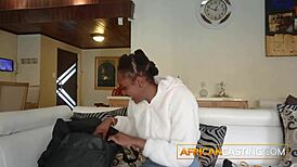 This sweet hot black model is on her knees worshiping and sucking her first massive white dick in pov