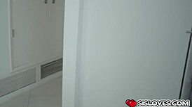 busty stepsister performs striptease in bedroom