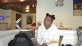 This sweet hot black model is on her knees worshiping and sucking her first massive white dick in pov