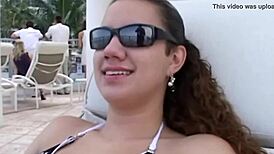 Amateur Young Woman Models Bikini at Beach Event