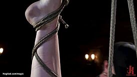 Brunette slave bound tight and whipped hard