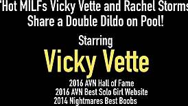 Hot milfs vicky vette and rachel storms share a double dildo on pool