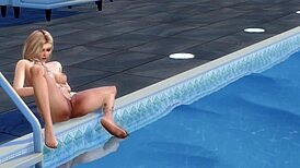 Blonde cartoon character indulges in poolside self-pleasure