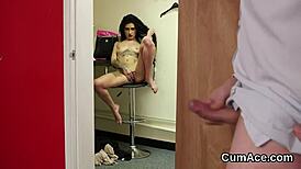 Randy model eats all the cum on her face