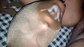 hey, nylon encasement with gold mask sucking cum now