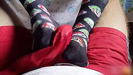 yo, wanna see a footjob with socks and cum in shorts?