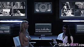 High definition video of lesbians scissoring in a three some group with blondes and babes