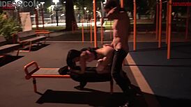 Wow, blowjob and fuck at the public gym in the park!