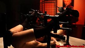 tied up lesbian babes face femdom punishment in garage bondage