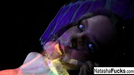Discover busty Natasha's sexy solo masturbation under black lights