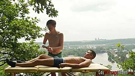 gay hunk rides masseur's dick after steamy massage session