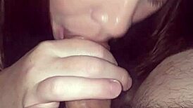Brunette Gives Blowjob, Cum Lands On Tongue