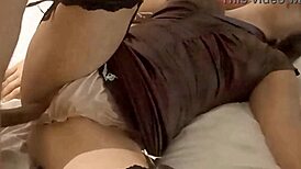 French slut in brown satin dress gets fucked doggystyle with POV blowjob and dirty talk