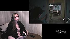 Naked brunette bbw with tattoos and piercings plays Last of Us 2, flaunting her fat ass and natural tits!