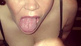 Brunette Gives Blowjob, Cum Lands On Tongue