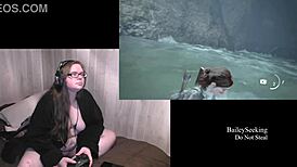 Naked brunette bbw with tattoos and piercings plays Last of Us 2, flaunting her fat ass and natural tits!