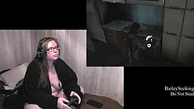 Naked brunette bbw with tattoos and piercings plays Last of Us 2, flaunting her fat ass and natural tits!