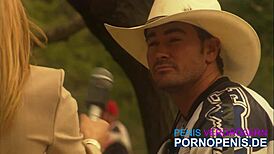 Lauren, the blonde reporter, asks, 'Want to facial me outdoors?'