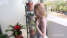 ersties cute petite german blonde touches her hairy pussy on the deck