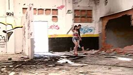 Busty brunette strips naked for hard fucking