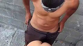 She was washing clothes when this brunette guy came to fuck her