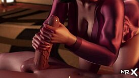 in treasure of nadia, she grabs your cock and strokes it with her hands in this hentai scene