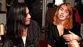 I watch these sexy lesbian babes explore strap-ons with their natural tits and toys