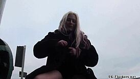 hey, kaz b flash toys her pussy outdoors with a dildo