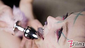 Pet Play Dominatrix Controls Tattoo Cat-Girl with Anal Lesbian Butt Plug and Assfucking