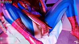 intense mary jane self-fuck in spiderman cosplay suit with big tits and buttplug close-up