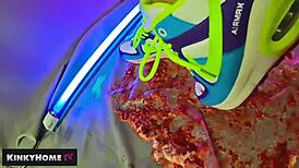 amateurs crush food on feet with sneakers in dirty european fetish play